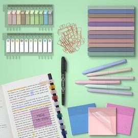 Javoble 25PCS Aesthetic School Supplies, 12PCS Heighlighters, 6PCS Retractable Pen, 1 PCS Black Marker Pen, 3PCS Sticky Notes, 2PCS Colors Mini Lables for Annotating Books for Study Office