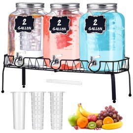 Lallisa 3 Pcs 2 Gallon Glass Drink Dispenser with Stand and Lid Mason Jar Beverage Dispenser with Stainless Steel Spigot, Hanging Chalkboard Signs, Fruit Infuse, Ice Cylinder, Liquid Pen (Silver)