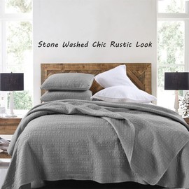 Quilt Set King Size Grey, Classic Geometric Spots Stitched Pattern, Stone-Washed Microfiber Chic Rustic Look, Ultra Soft Lightweight Quilted Bedspread for All Season, 3 Pieces