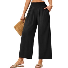 JASAMBAC 2024 Women Linen Palazzo Pants Boho Flowy Pants High Waist Casual Loose Trousers with Pockets Black Beach Pants M