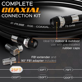 G-PLUG RG6 Coaxial Cable 25FT – Quad Shielded, Waterproof, 75 Ohm with F-Type Connectors, High-Performance for HDTV, Satellite, Internet & Outdoor Use