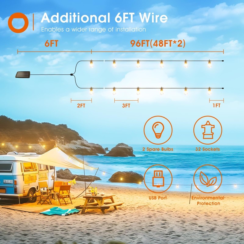 addlon 102FT(96+6) Solar String Lights Outdoor Waterproof with USB Charging
