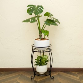 FaithLand Plant Stand, Heavy Duty Metal Planter Holder Indoor Outdoor, 2 Tier Round Potted Supports Rack, Corner Display Shelf Black