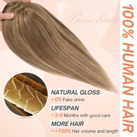 Benehair Human Hair Toppers for Women Clip in Hair Toppers for Daily Use 2 * 6cm Hand Made Lace Base Long Coverage Natural Hairpiece Wiglet #4P27 Medium Brown & Dark Blonde 10Inch