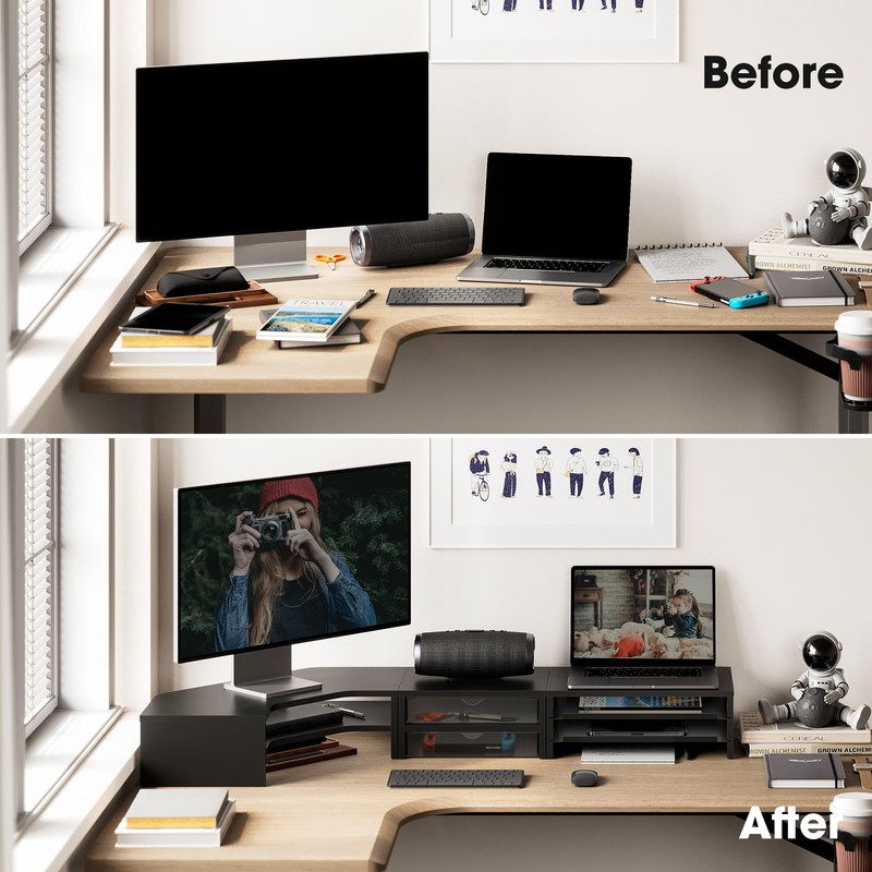 Fenge Dual Monitor Stand, 2-Tier Corner Monitor Riser with Drawer