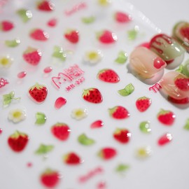 Jremg Strawberry Nail Art Stickers 5D Kawaii Strawberry Jelly Embossed Nail Decals Cute Strawberry Small Flowers Green Leaves Designs Self-Adhesive Nail Stickers for Women Girls Nails Art Decorations