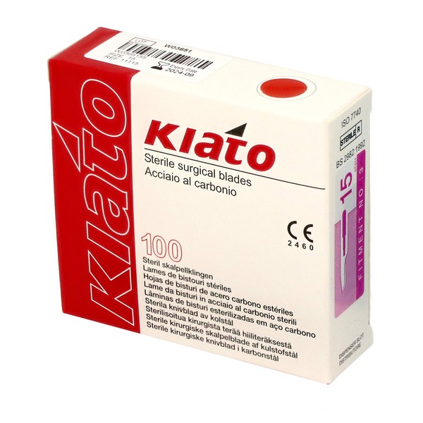 KIATO No.15 STERILE Swiss Carbon Steel Short Curved Cutting Edge Ultra Thin Sharp Surgical Scalpel Blades Individually Wrapped in Foils Disposable 100-count Box Long Expiry Date