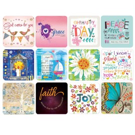 Christian Coasters, Pack of 12 cork coasters, each of a different design, with Bible verses or inspirational words. Beautiful Christian gifts for women or men, by Just Cards Direct (C151a)