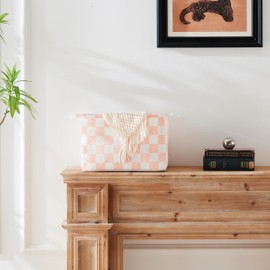 Ohocut Beige White Checkered Canvas Basket, Rectangular Organizing Decorative Storage Basket for Kids Dog Toy, Cute Aesthetic Checkered Room Decor for Home, Kitchen, Bedroom, Classroom, Shelves