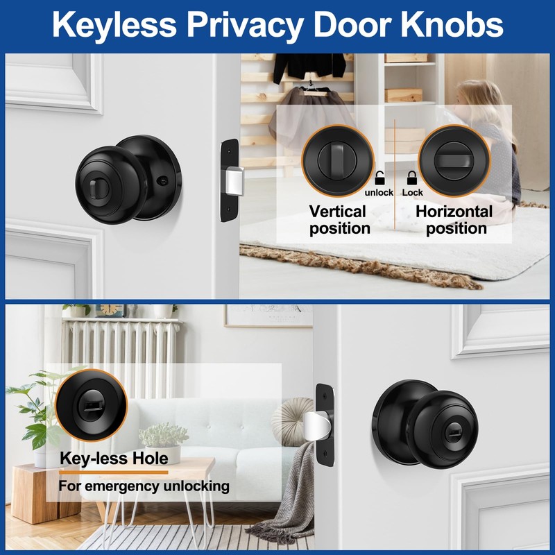 AEEKEL 10 Pack Privacy Door Knob, Matte Black Door Knobs