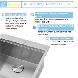 SHACO 18x18 Inch Drop In Bar Sink,18 Inch Small Kitchen Sink,Stainless Steel 16 Gauge Single Bowl Outdoor Laundry Prep RV Sink with Strainer Drain, Brushed Nickel