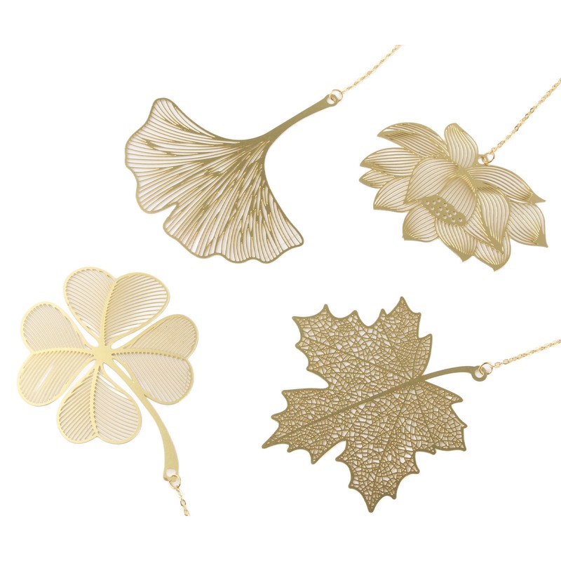 4pcs Metal Bookmarks with Chain Four Patterns Hollow Thin Golden
