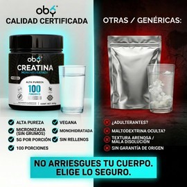 Oby Creatina Monohidratada Micronizada en Polvo 100% Alta Pureza Certificada 100 Servicios 5g por porción Sin Sabor Alto Rendimiento Pre Workout Suplemento Vegano Mujer y Hombre 500g