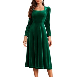 Berylove Dresses Women's Festive Long Sleeve Winter Dress Evening Dress Elegant for Wedding Midi Velvet Party Dress Prom Dresses Cocktail Dress, dark green