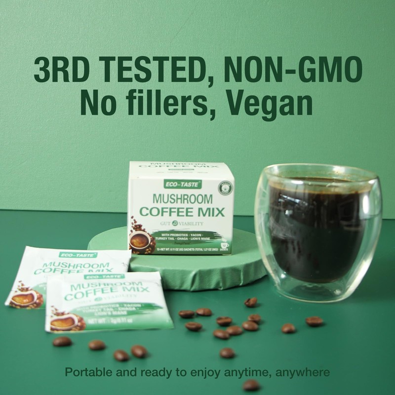 ECO-TASTE Mushroom Coffee Mix, Designed for Gut-Health with Chaga, Lion's