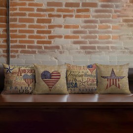 AOFANGGO Set of 4 Independence Day Pillow Covers 18 X 18 Inch Patriotic Throw Pillow Covers (Beige Yellow)
