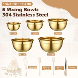 Shellwei Gold Mixing Bowls with Airtight Lids 24 Pcs Stainless Steel Mixing Bowls Set Size 1, 1.5, 2, 3.6, 7QT, Measuring Cups Spoons Baking Utensils Bowl for Kitchen Baking Serving Food