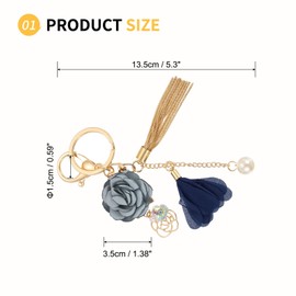 SUIKIHUM Flower Keychains, (16.5cm/6.5" Mini KeyChain) Flowers Tassel Leaf Pendant Car Key Ring for Women Girls Wallet Handbags Backpack, Blue