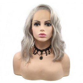 Ash blonde Wigs Side Part Drag Queen Shoulder Length Platinum Blonde Lace Front Wig Short Bob Wavy Hair High Temperature Synthetic Glueless Cap Female Girls Cosplay Party Summer Cool Travel 14"