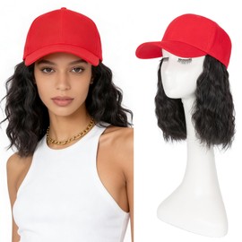TESS Red Baseball Cap with 8'' Short Wavy Synthetic Hair Extensions for Women and Girls - Adjustable & Breathable Wig Cap for Daily Use, Outdoor Activities