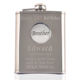 Brother's 50th Birthday, Stainless Steel Engraved Hip Flask with Solid Pewter 'Brother' Feature, Men's Birthday