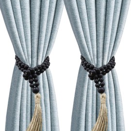 VKSG 2 Pack Wood Bead Curtain Tiebacks for Bedroom Decor Boho Farmhouse Rustic Decor, Baby Nursery Decor,Curtain Holdbacks Tie Backs,Black