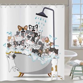 Shower Curtain Funny Hnmdmyi Cartoon Animal Cat and Dog Children's Shower Curtains Colourful Adorable Hilarious Pets Bath Curtain Waterproof Polyester Fabric Washable Bath Curtain with Hooks 180 x 200
