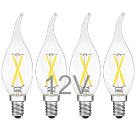 TOKCON 12 Volt Candelabra LED Light Bulbs - Daylight 5000K 2W(Only for 12V DC/AC) - E12 Small Candle Base - 25W Equivalent Dimmable Low Voltage LED Flame Bulb for RV, Landscape, Lantern, 4 Pack