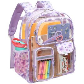 Bagseri Clear Backpack for Kids - 15 Inch Clear Bookbag for Girls Aged 3 to 8 Heavy Duty Transparent Backpack for School, Multiple Pockets, Safe Reflective Strip, Purple Floral