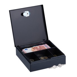 Relaxdays Cash Box, Lockable, Steel, 2 Keys, Change & Notes, H x W x D: 5 x 17.5 x 17 cm, Black
