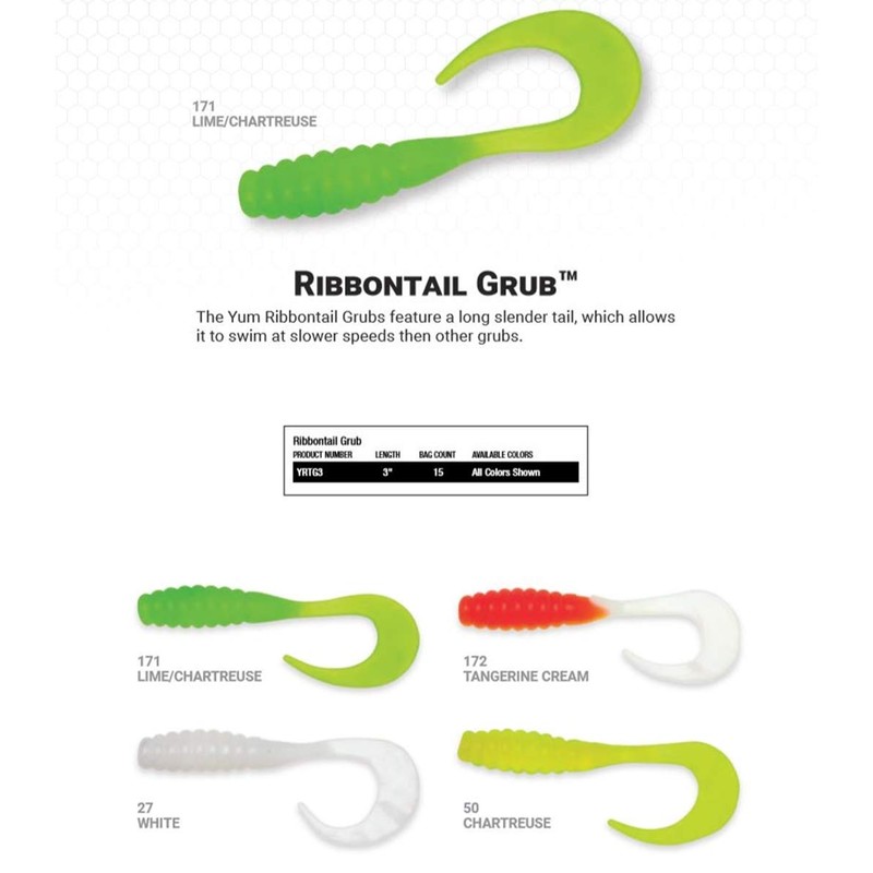 Yum Lures YRTG3171 Ribbontail Grub Fishing Bait, LIM Chartreuse, 3''