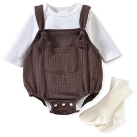 KOZBY Newborn Unisex Long Sleeves Suspender Romper Bodysuit Gender Neutral Baby Boy Girl Outfit Fall Winter Spring Clothes Brown