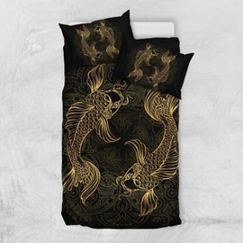 Gearider Carp Fish Comforter Cover 3 Pcs Mandala Floral Duvet Covers Bedspread Gold Bohemian Bedding Set Twin Indian Size Bed Set (1 Duvet Cover 2 Pillowcases)