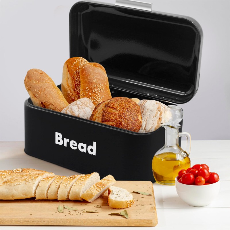 Plexon Black Bread Box for Kitchen Countertop with Lid, Metal