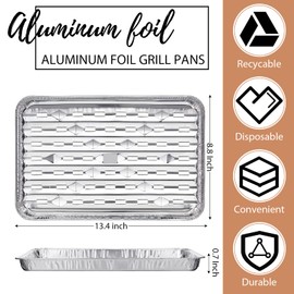 SEEWEY 50 Pcs Aluminum Broiler Pans 13.4 x 8.8 x 0.7 Inch Disposable Aluminum Foil Pans with Holes Aluminum Grill Liner Topper with Ribbed Bottom Surface for BBQ Grilling Trays Foil Grill Drip Pans