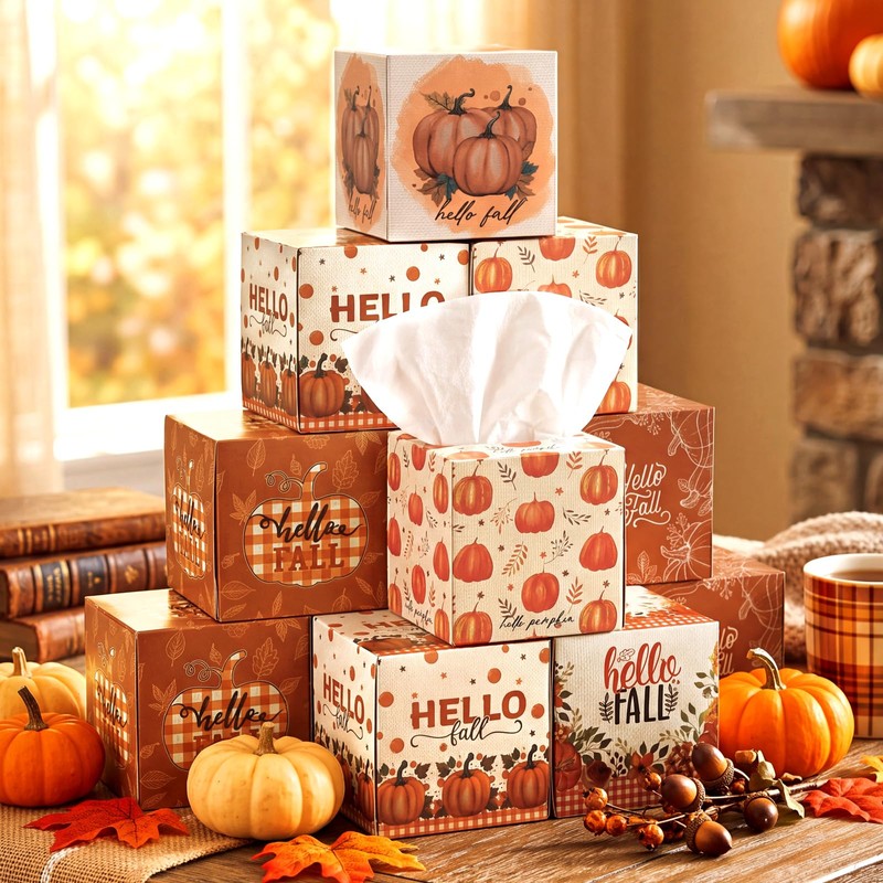 Bencailor 12 Pack Fall Pumpkin Facial Tissues Bulk,Orange,Hello Pumpkin