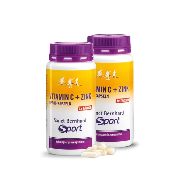 Sanct Bernhard Sport Vitamin C + Zinc Depot Capsules, 2 x 180 Capsules, For Good Defences, For a Vital, Active Immune System, 300 mg Vitamin C and 5 mg Zinc, German Production and Laboratory Tested