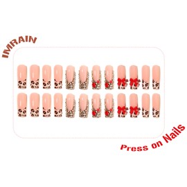 IMRAIN Rhinestones French Tip Press on Nails Long Square Fake Nails Brown Leopard Print False Nails with Red Bow Designs Full Cover Glossy Artificial Glue on Nails for Women Glue on Nails