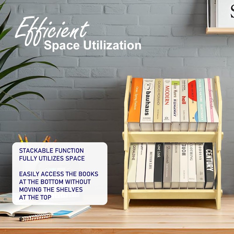2 Pack Desktop Bookshelf, Stackable Book Organizer with Handle, Storage