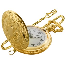 Tiong Gold Shield Men's Quartz Pocket Watch with Chain, Arabic Numeral Digital Scale