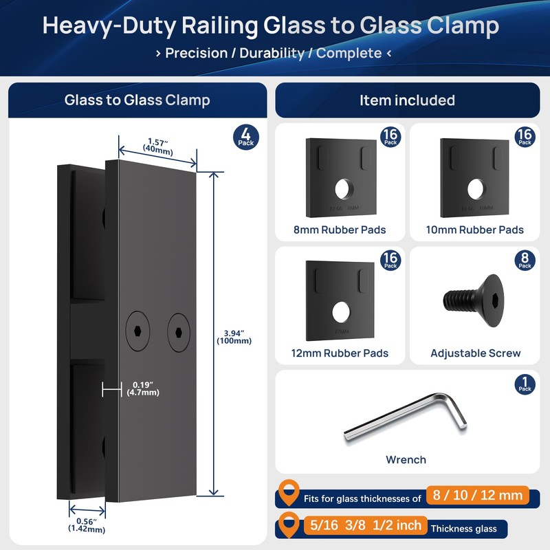 LukLoy Railing Glass Clamp, Black Stainless Steel 304 Bracket for