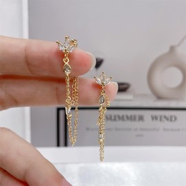 Cubic Zirconia Flower Leaf Teardrop Tassel Front Back Stud Dangle Drop Earrings for Women Dainty Gold Plated Sterling Silver Post Studs Chain Treader Statement Dangling Hypoallergenic Fashion Jewelry Gift Her (Gold)