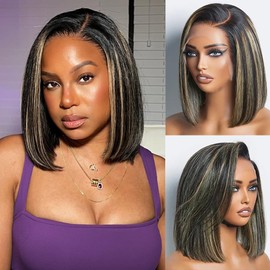SKYDO Highlight Bob Wigs Human Hair P1B/27 Ombre Lace Front Wigs Human Hair Bob Wig 13x4 Frontal Lace Wig 180% Density Honey Blonde Wig Human Hair Pre Plucked Hairline with Baby Hair 12inch