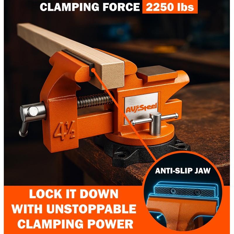 AV Steel 4-1/2" Bench Vise with 240° Flexible Swivel Locking