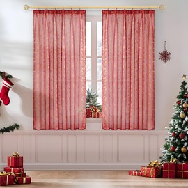 MRTREES Christmas Curtains Ruffle Tape Curtains Red with Golden Christmas Tree Curtain 160 cm Long 140 cm Wide Curtains Short for Living Room, Children's Room, Store, Kitchen, Set of 2