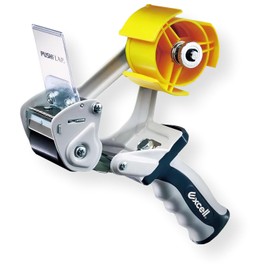 Excell EXC-828PL Pushflap Tape Dispenser; 2" Tape Roll Width, 3" Core Diameter; Safety Retractable Blade; One-Piece Solid Steel Frame; Side Loader with Adjustable Brake