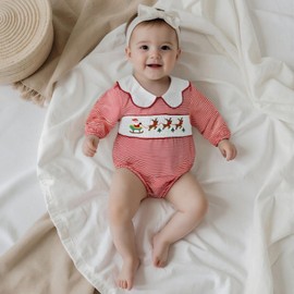 Newborn Baby Girls Christmas Outfit Doll Collar Smocked Santa Reindeer Embroidery Stripe Bubble Romper One Piece Clothes (Red, 3-6 Months)