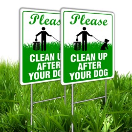 FIEXRNJ 2-Pack Clean Up After Your Dog Signs, 12" x 9" with Metal Stake, No Dog Poop Lawn Signs with UV Protected & Waterproof, Double Sided Pick Up After Your Dog Sign for Yard