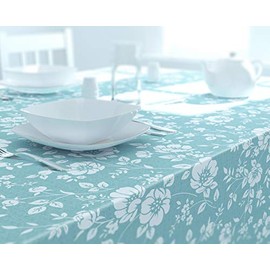Dehaus® Wipe Clean Table Cloth - Duck Egg Floral Bloom - PVC Oilcloth Table Cover - Rectangular Plastic Vinyl Tablecloth - Water Resistant Easy To Clean - Kitchen Dining Table Protector (140 x 200cm)