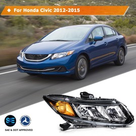 LBRST Headlight Assembly for Honda Civic 2012-2015 Clear Lens Black Housing Amber Reflector Driver and Passenger Side Headlamp